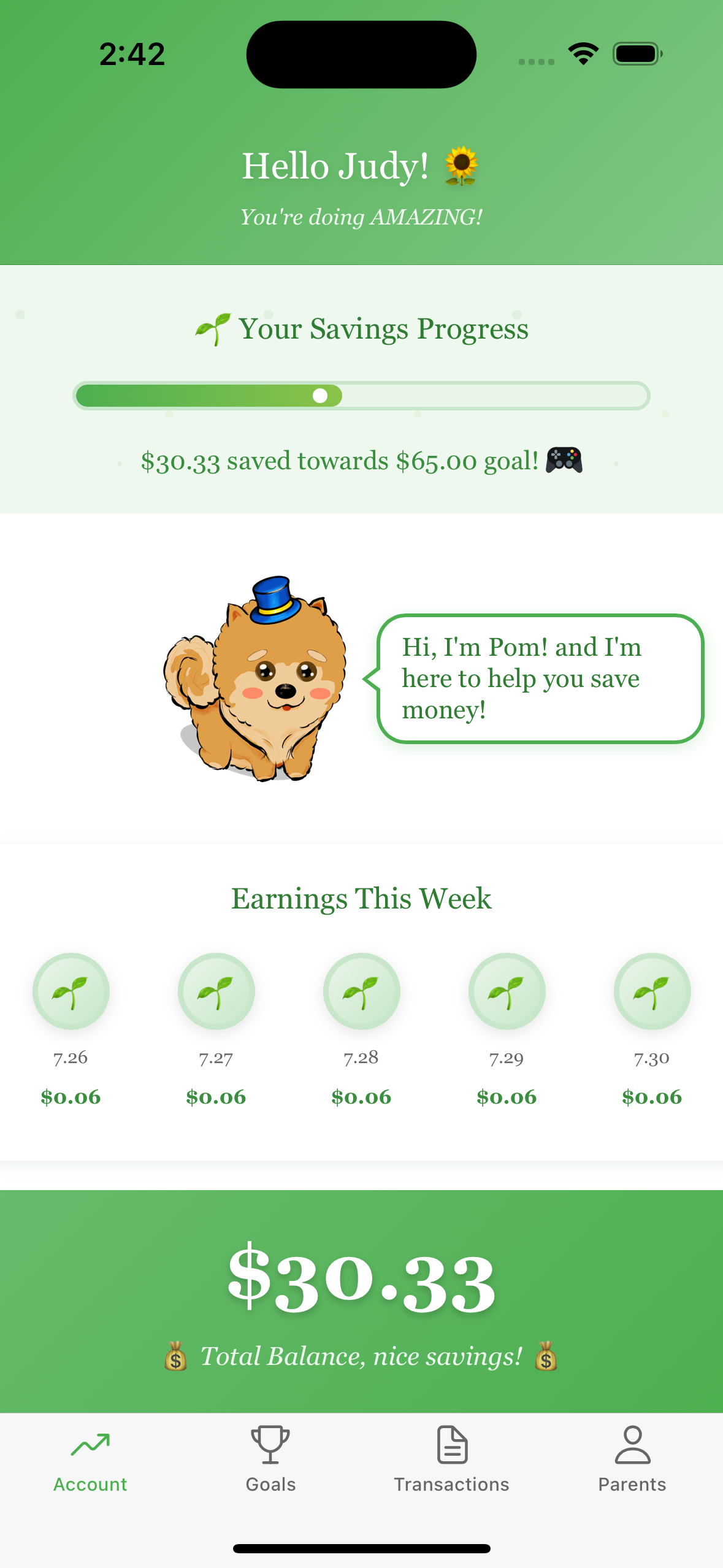 Account screen showing balance, progress to goal, and recent earnings