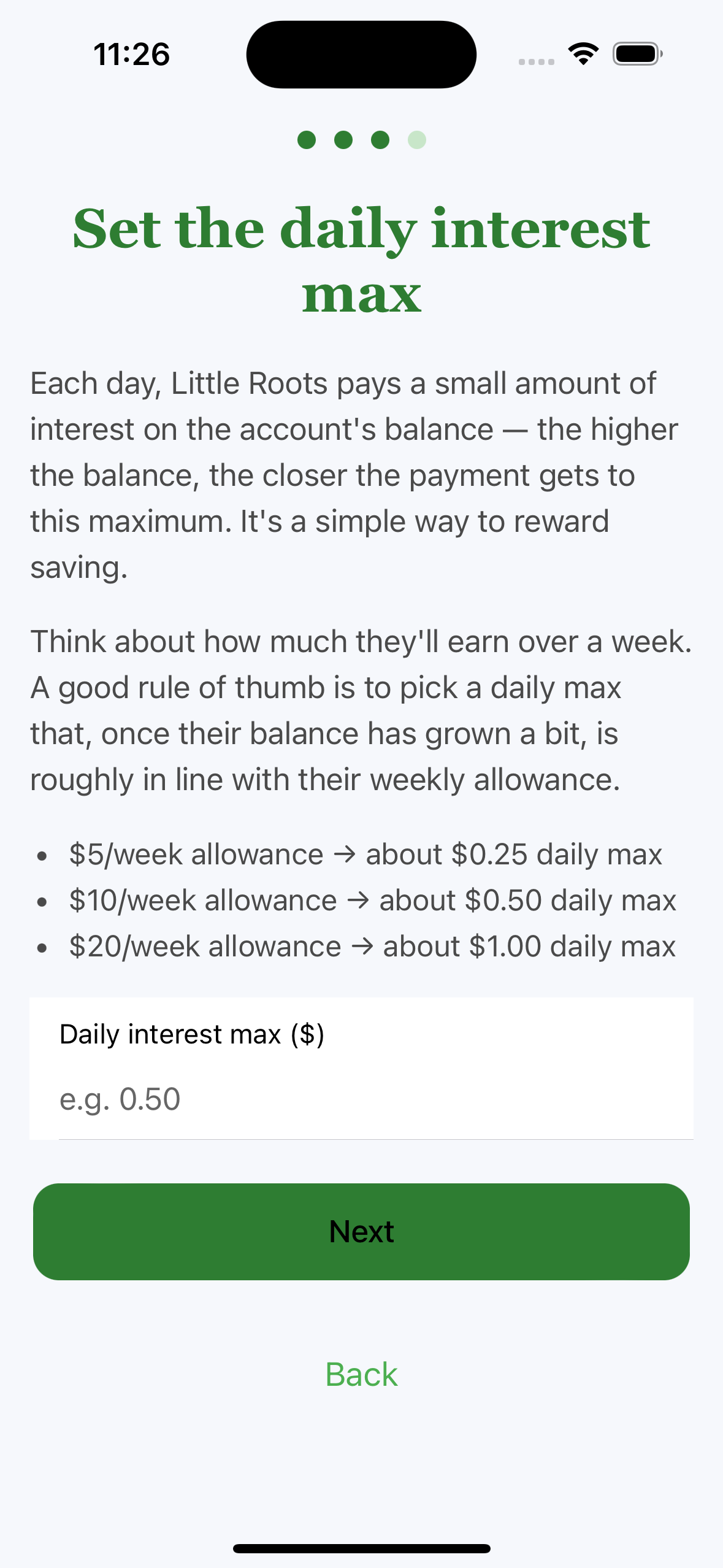 Parent controls screen with allowance, interest, and deposit settings